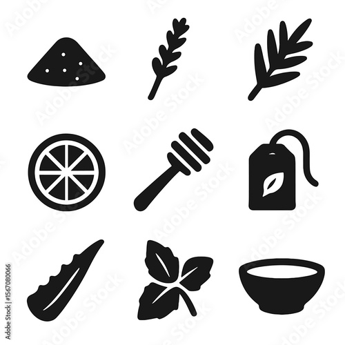 Wellness Ingredient Icons. Solid, filled icon set of wellness ingredients: sea salt mound, lavender sprig, rosemary leaf, lemon