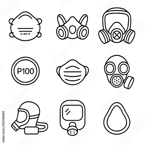 Respiratory Protection Icons. Outline icon set of respiratory protection: N95 mask, half-face respirator, full-face respirator,