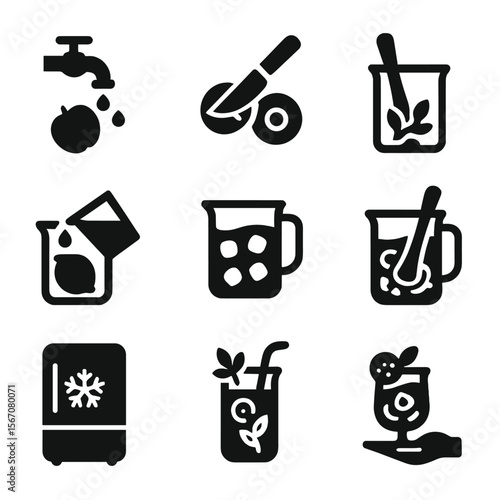 Fruit Infusion and Spring Icons. Solid, filled icon set of Fruit infusion preparation steps: wash fruit, slice fruit, muddle herbs