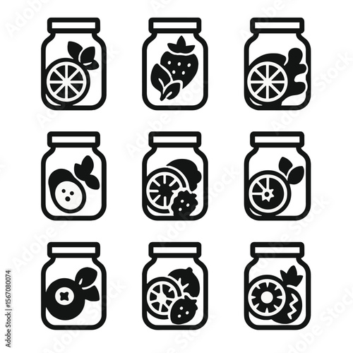Fruit Infusion Icons. Solid, filled icon set of Popular fruit infusion combinations: lemon-mint, strawberry-basil, orange-ginger,