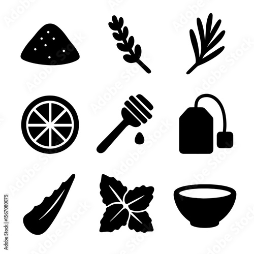Wellness Ingredient Icons. Solid, filled icon set of wellness ingredients: sea salt mound, lavender sprig, rosemary leaf, lemon