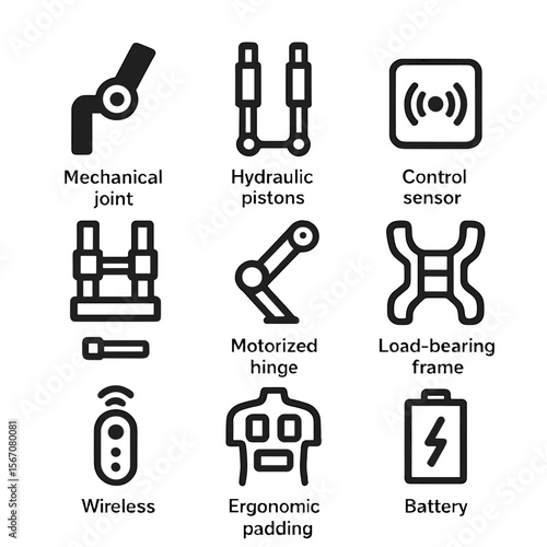 Exoskeleton Parts Icons. Solid, filled icon set of Exoskeleton components and features: mechanical joints, hydraulic pistons,
