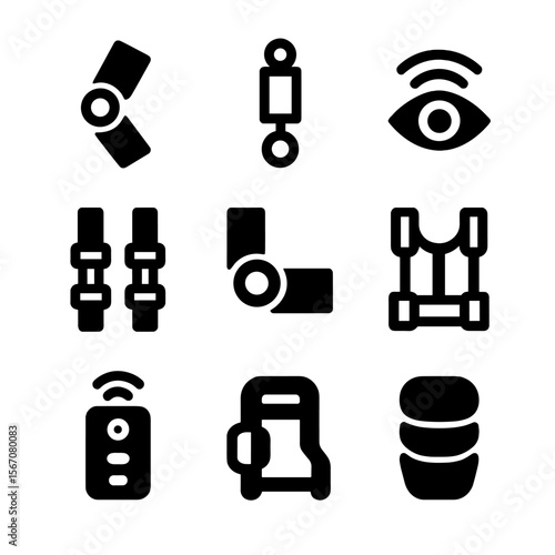 Exoskeleton Parts Icons. Solid, filled icon set of Exoskeleton components and features: mechanical joints, hydraulic pistons,