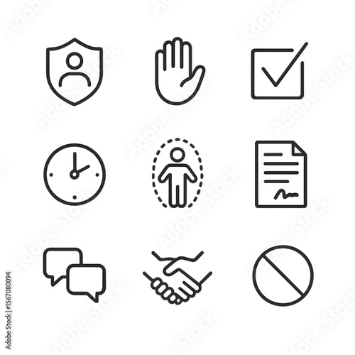 Boundary Icons Set. Outline icon set of boundary setting and mutual respect: personal boundary shield, stop hand gesture, consent