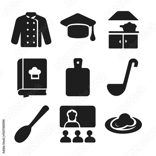 Culinary School Essentials. Solid, filled icons set of culinary school basics: chef coat, student hat, kitchen