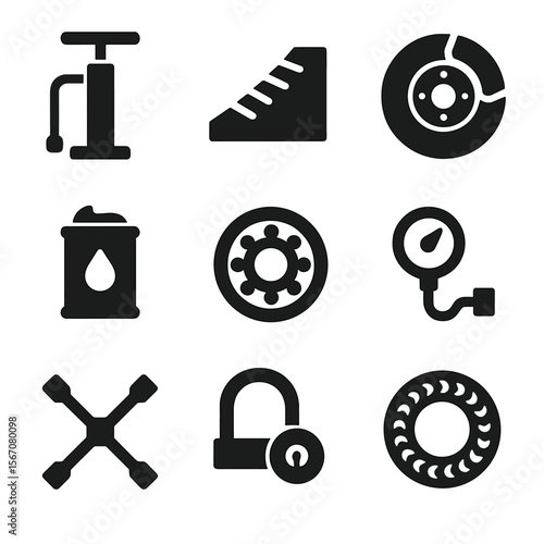 Wheel Maintenance Icons. Solid, filled icon set of wheel maintenance and safety: tire pump, wheel chock, brake disc, axle grease,