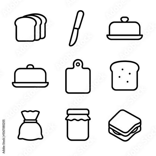 Bread Storage Icons. Outline icon set of serving and storage: sliced bread loaf, butter knife, butter dish, bread box, cutting