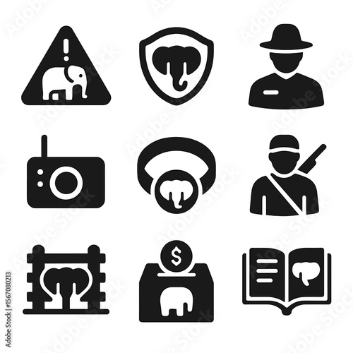 Elephant Conservation Icons. Solid, filled icon set of elephant conservation: endangered sign, protected area, ranger, camera trap