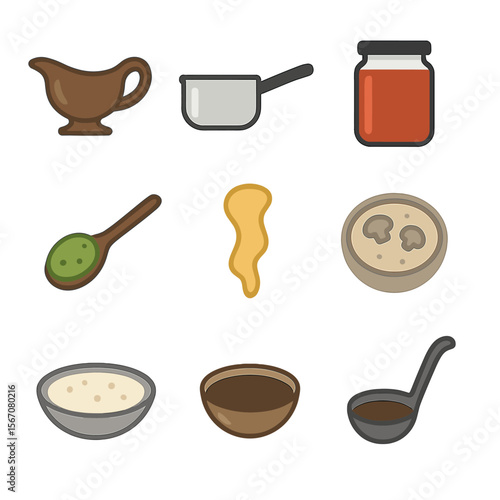 Rich Sauce Icon Set. Flat icon set of rich sauces and gravies: brown gravy boat, béchamel sauce pan, marinara jar, pesto spoon,