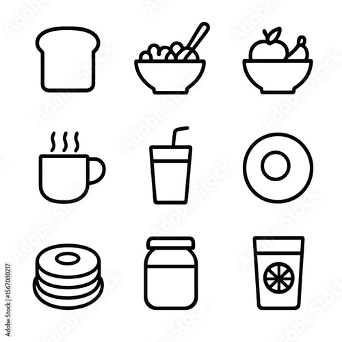 Breakfast Icons Grid. Outline icon set of breakfast varieties: toast slice, cereal bowl, fruit bowl, coffee cup, smoothie glass,