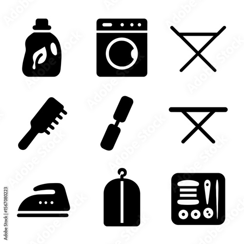 Fabric Care Icons. Solid, filled icon set of fabric care items: fabric softener, washing machine, drying rack, fabric brush, lint