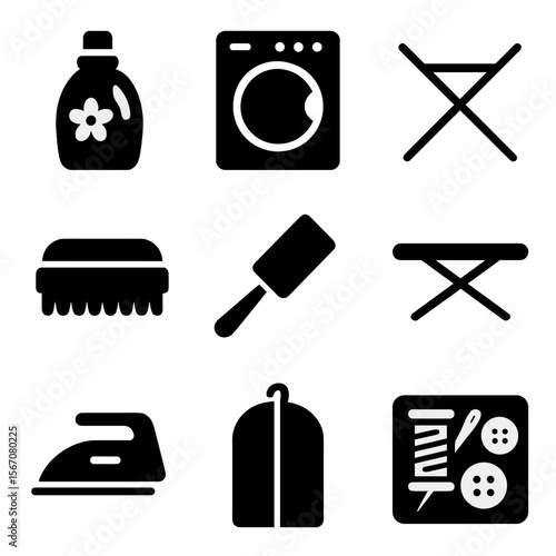 Fabric Care Icons. Solid, filled icon set of fabric care items: fabric softener, washing machine, drying rack, fabric brush, lint