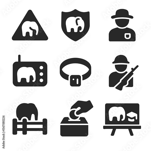 Elephant Conservation Icons. Solid, filled icon set of elephant conservation: endangered sign, protected area, ranger, camera trap