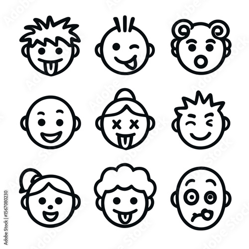 Funny Hair Icons. Solid, filled icon set of funny faces with silly hairstyles: wild hair, mohawk, curls, bald spot, messy bun,