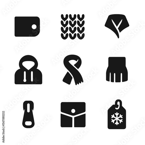 Winter Fashion Icons. Solid, filled icon set of winter fashion details: buttoned cuff, wool texture, collar up, hood strings,