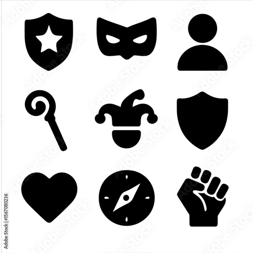 Role-Playing Icon Set. Solid, Filled icon set of role-playing archetypes: hero emblem, villain mask, sidekick figure, mentor staff