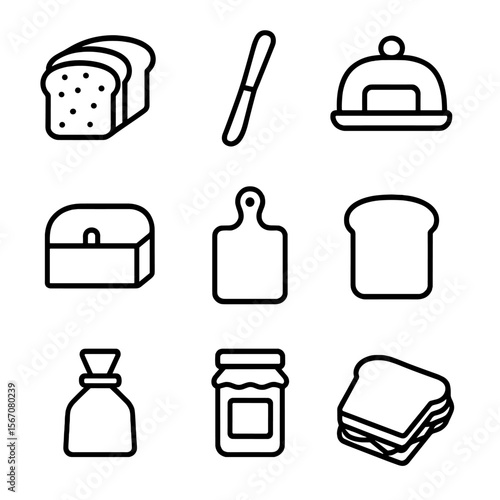 Bread Storage Icons. Outline icon set of baking tools and equipment: loaf pan, baking sheet, oven mitt, cooling rack, proofing