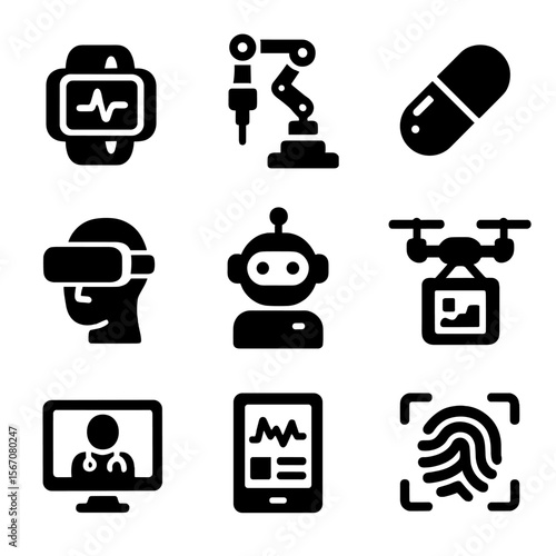 Future Medical Device Icons. Solid, filled icon set of future medical devices: wearable monitor, robotic surgery arm, smart pill,