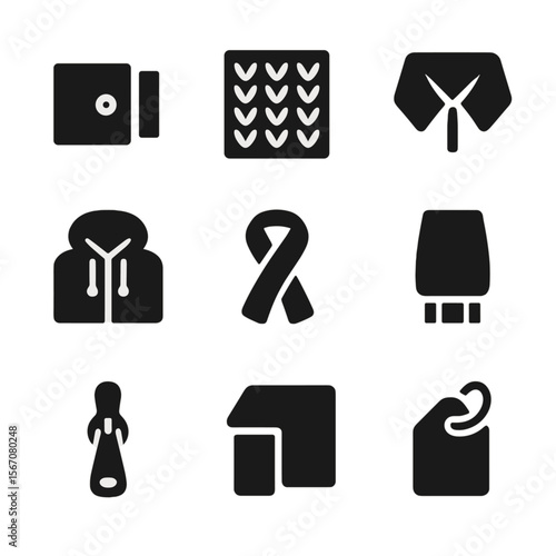Winter Fashion Icons. Solid, filled icon set of winter fashion details: buttoned cuff, wool texture, collar up, hood strings,