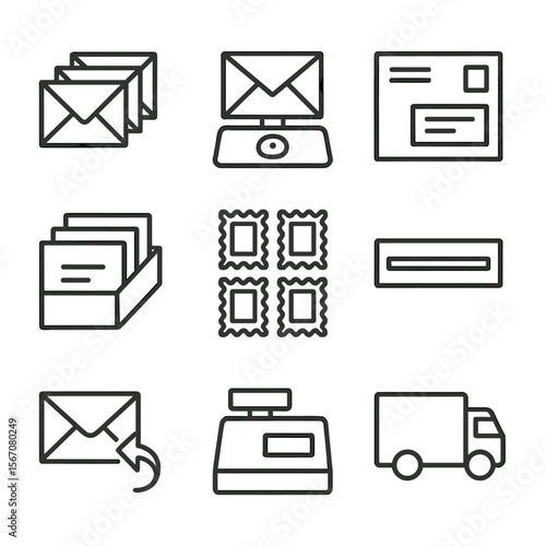 Bulk Mailing Icons Grid. Outline icon set of bulk mailing operations: envelope stack, postage scale, mailing label, sorting tray,