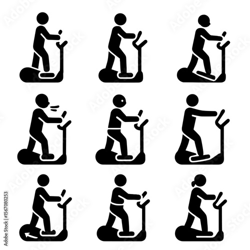 Elliptical Machine Icons. Solid, filled icon set of elliptical machine user postures: upright stance, bent elbows, relaxed