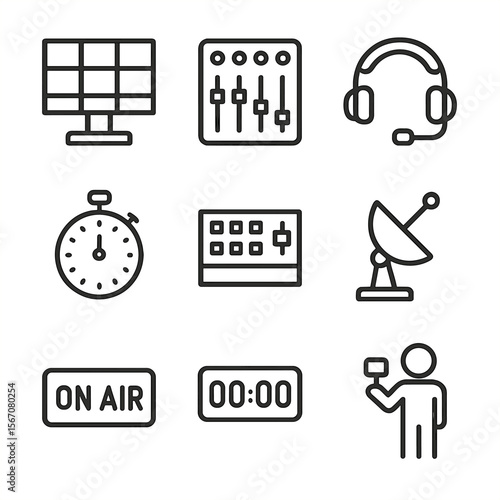 Broadcast Icon Set. Outline icon set of live broadcast direction: control room monitor wall, audio mixer console, talkback headset
