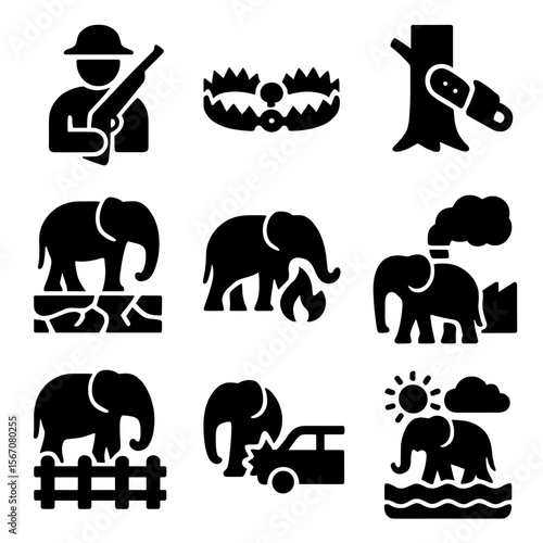 Elephant Threats Icons. Solid, filled icon set of elephant threats: poacher, traps, deforestation, drought, fire, pollution, fence