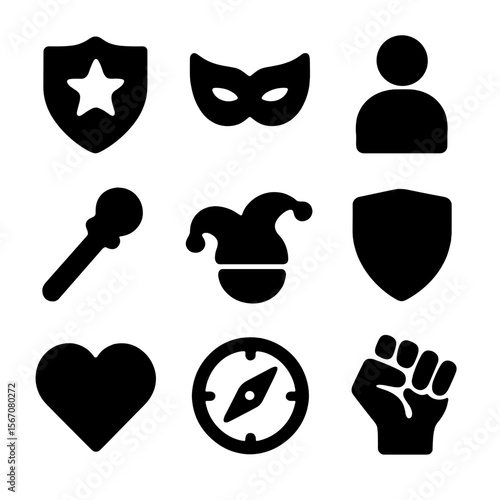 Role-Playing Icon Set. Solid, Filled icon set of role-playing archetypes: hero emblem, villain mask, sidekick figure, mentor staff