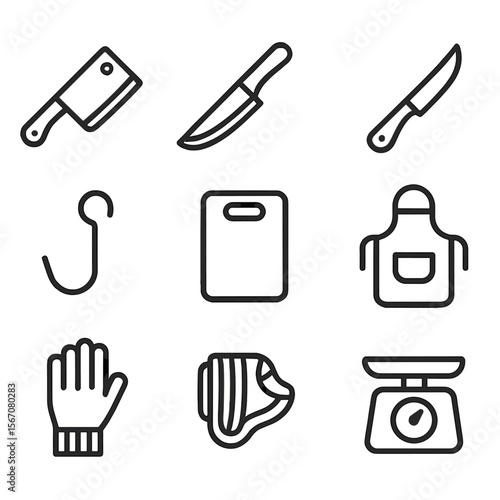 Butchery Tools Icons. Outline icon set of butchery and meat preparation: butcher’s cleaver, boning knife, fillet knife, steak