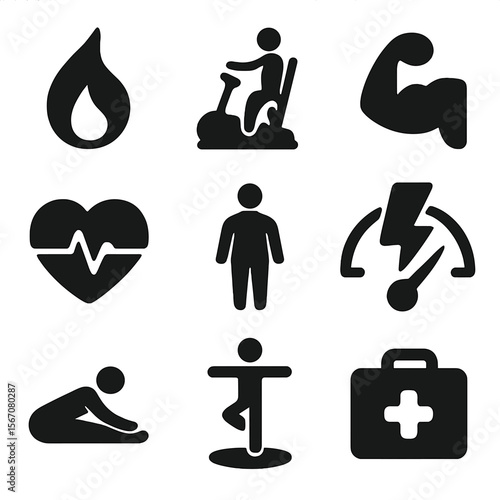 Elliptical Workout Icons. Solid, filled icon set of elliptical machine workout goals: calorie burn, endurance, muscle toning,