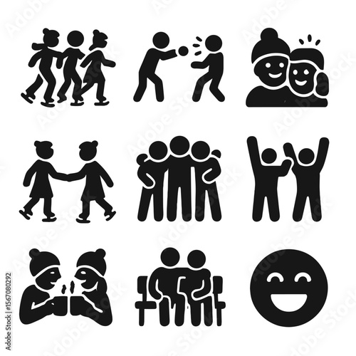 Winter Fun Icons. Solid, filled icon set of wintertime fun with friends: group of skaters, snowball fight, photo moment, skating