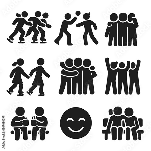 Winter Fun Icons. Solid, filled icon set of wintertime fun with friends: group of skaters, snowball fight, photo moment, skating