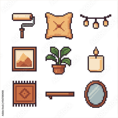 Room Remodel Icons. Pixel art icon set of room refresh and décor: paint roller, accent pillow, fairy lights, wall art frame,