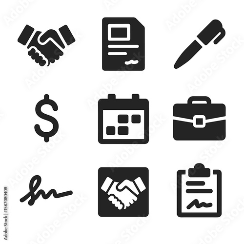 Gaming Sponsorship Icons. Solid, filled icon set of gaming sponsorship contracts: handshake, contract document, pen, dollar sign,