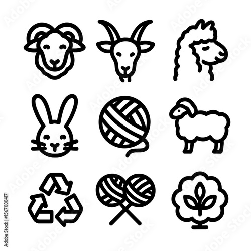 Wool Scarf Icon Set. Solid, filled icon set of Wool Scarf materials: merino wool, cashmere, alpaca, angora, mohair, sheep wool,