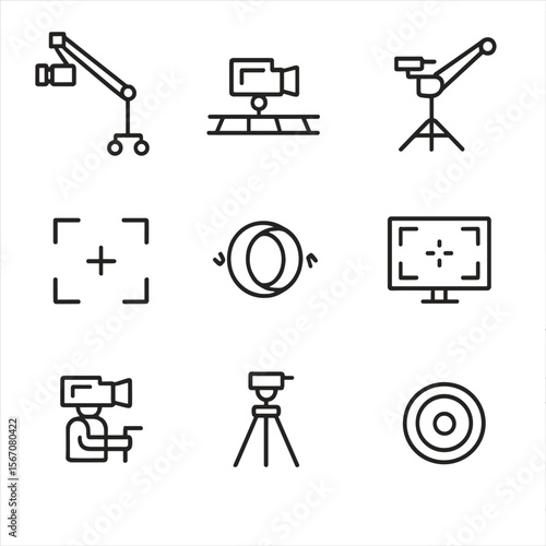 Camera Equipment Icons. Outline icon set of camera movement and framing: camera crane, dolly track, camera jib arm, framing