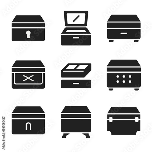 Wooden Box Icons. Solid, filled icon set of wooden box features: lock mechanism, mirror lid, sliding drawer, soft padding,