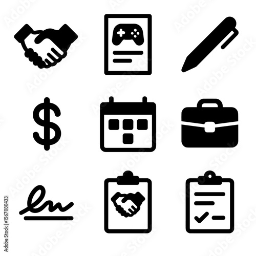 Gaming Sponsorship Icons. Solid, filled icon set of gaming sponsorship contracts: handshake, contract document, pen, dollar sign,