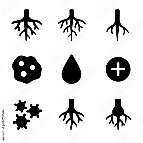 Root System Icons. Solid, Filled icon set of root growth in furrows: root network, root hair, taproot, lateral root, soil pore,