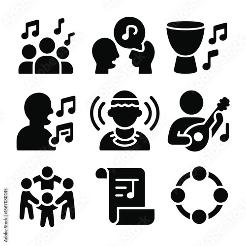 Cultural Music Icons. Solid, filled icons set of traditional songs and chants: chorus icon, call-and-response,
