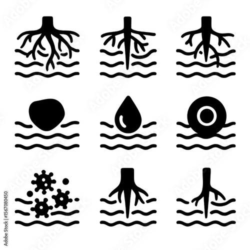 Root System Icons. Solid, Filled icon set of root growth in furrows: root network, root hair, taproot, lateral root, soil pore,