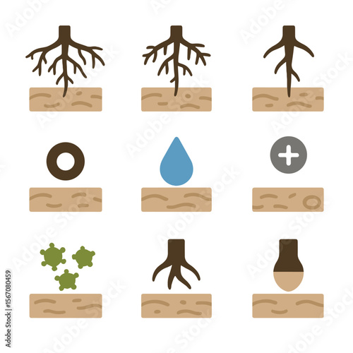 Root Growth Icons. Flat icon set of root growth in furrows: root network, root hair, taproot, lateral root, soil pore, moisture