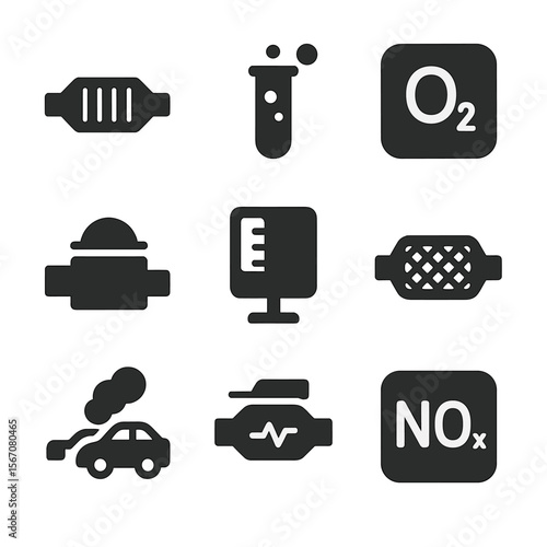 Emissions Diagnostic Icons. Solid, filled icon set of emissions diagnostics: catalytic converter icon, exhaust gas symbol,