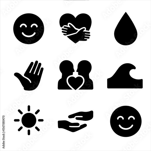Emotional and Safety Icons. Solid, filled icon set of emotional calm: smiling face, heart hug, tear drop, soothing hand, empathy