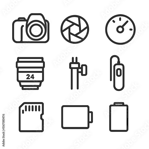 Camera Gear Icons. Outline icon set of camera settings and gear: DSLR camera body, adjustable aperture icon, shutter speed dial,