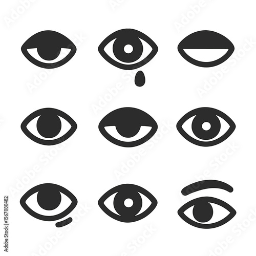 Emotional Eye Icons. Solid, filled icon set of emotional eyes: downcast eye, tearful eye, blinking eye, squinting eye, heavy