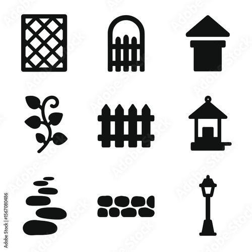 Garden Icons Grid. Solid, filled icon set of garden fences and features: trellis, garden gate, fence post cap, climbing plant,