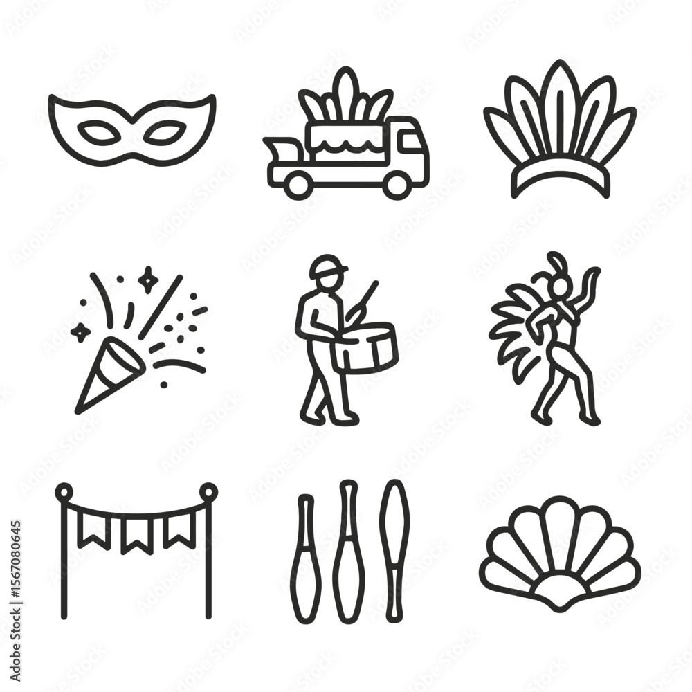 Fototapeta premium Carnival Icon Set. Outline icon set of carnival parade elements: masquerade mask, parade float silhouette, feather headdress,