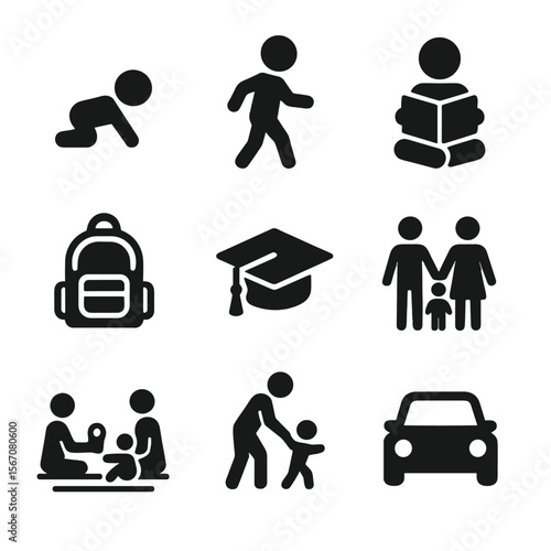 Family Growth Icon Set. Solid, filled icon set of family growth stages: baby crawling, toddler walking, child reading, school bag,