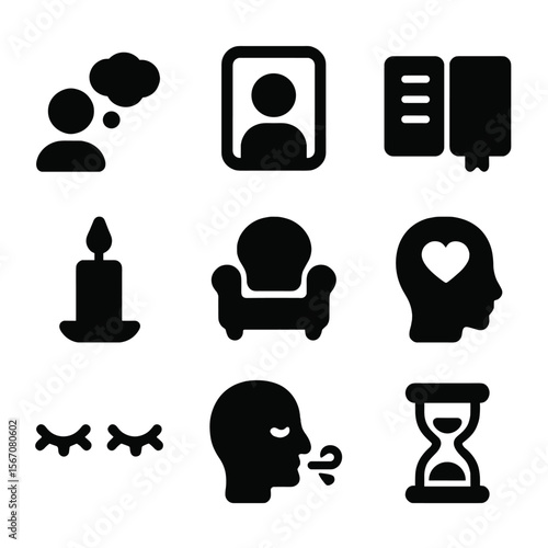 Emotional Reflection Icons. Solid, filled icon set of emotional self-reflection: person with thought bubble, mirror, journal,